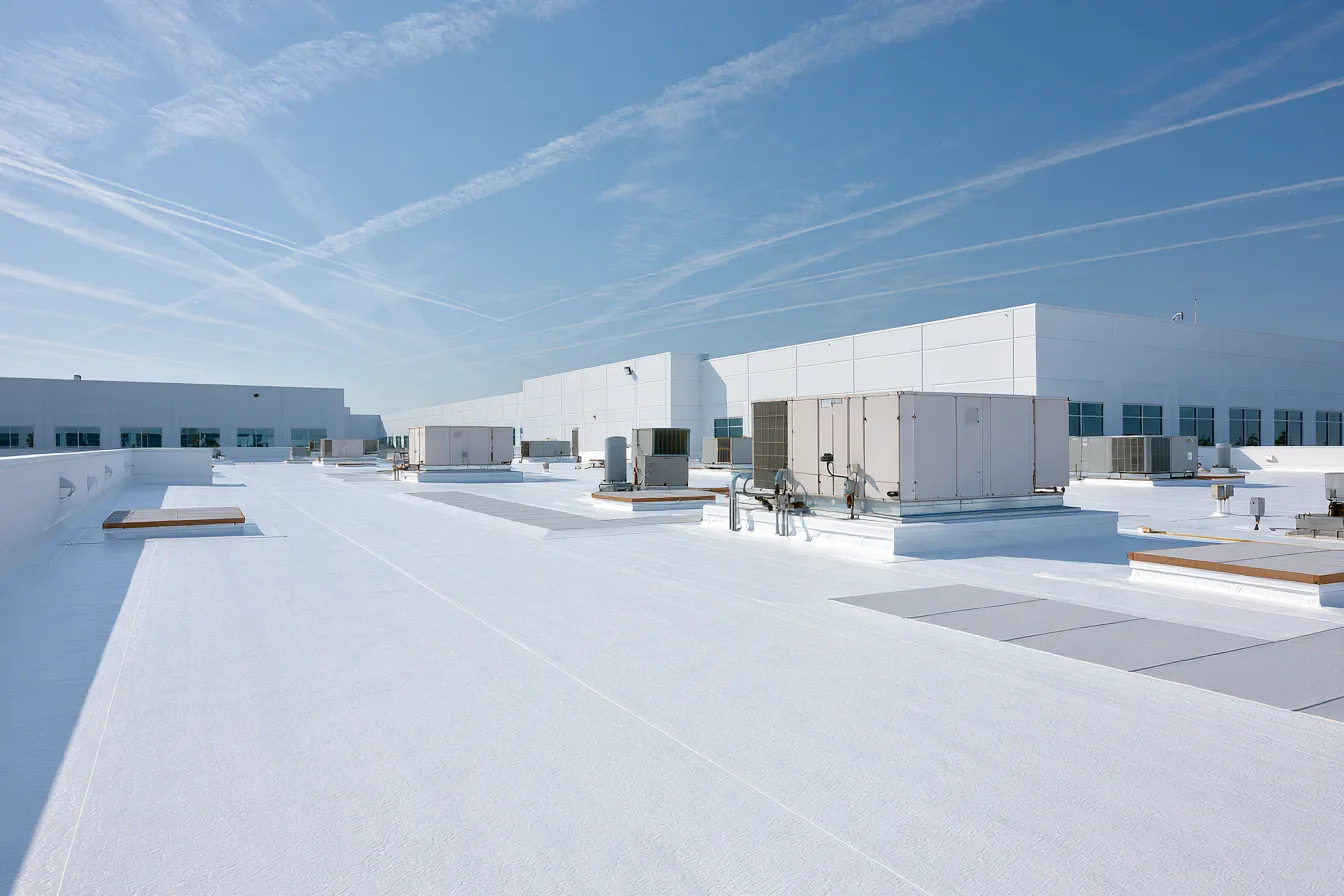 Wide white flat roof with clustered HVAC units beside a long commercial building