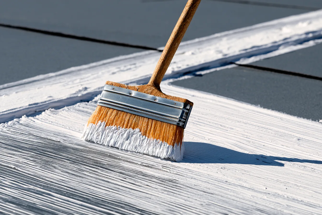 Close-up of a paintbrush applying white coating to a granulated roof