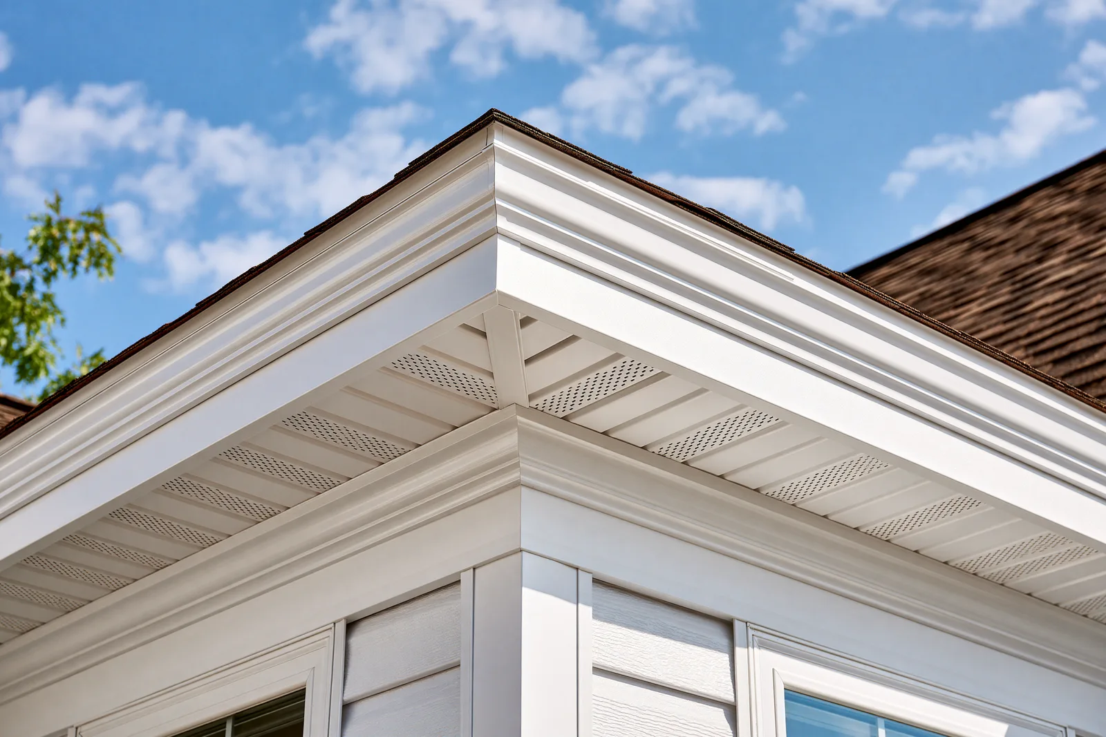 White fascia and perforated soffit meet at a roof corner over a brown shingle roof