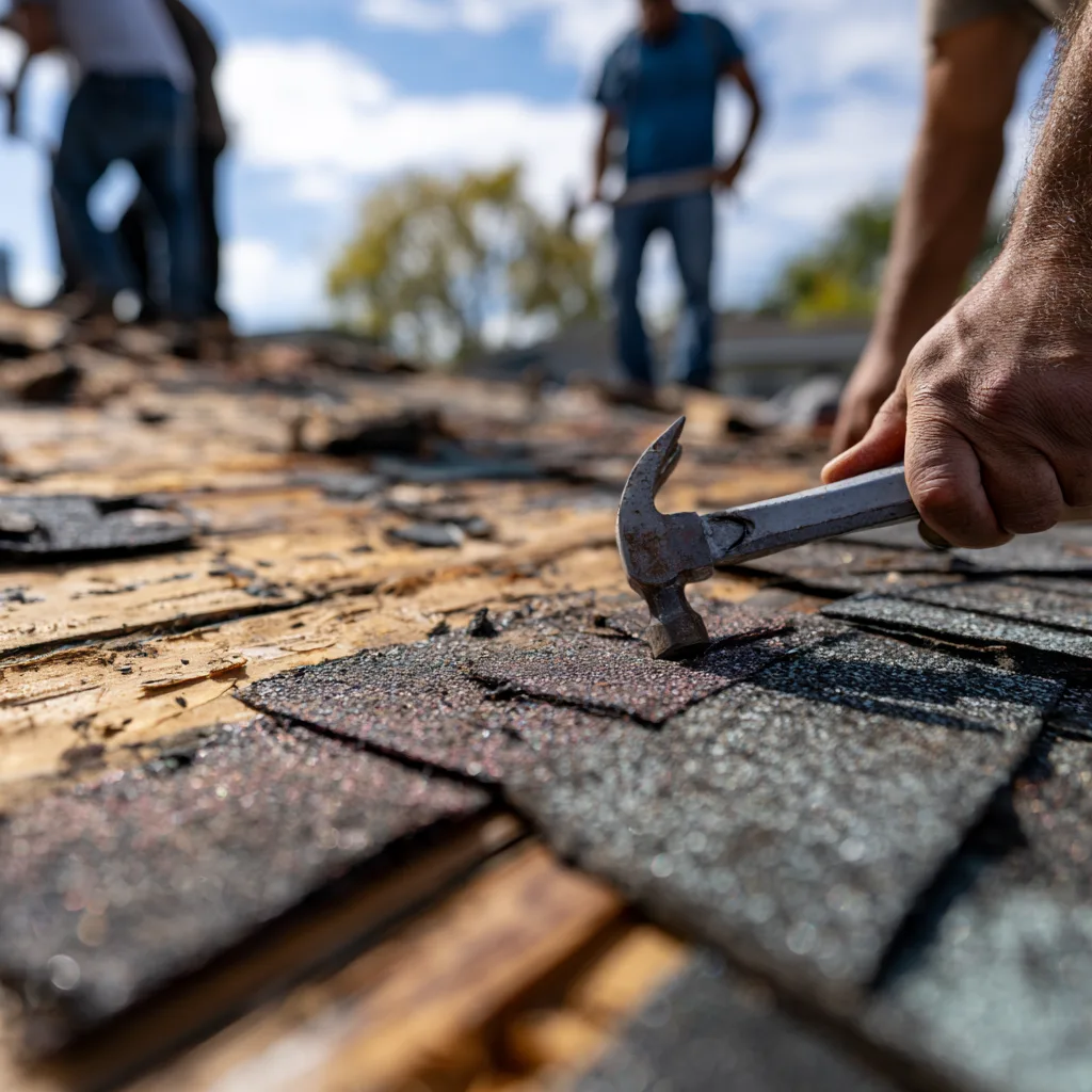 Hammer claw prying up a damaged shingle with roofers in background