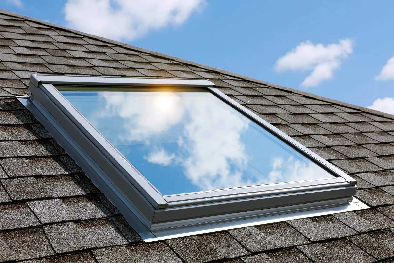 Skylight and metal flashing installed on a brown shingle roof